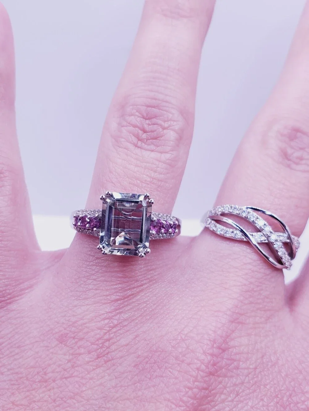 Emerald Cut Montezuma Prasiolite & Pink Tourmaline 925 Sterling Silver Ring